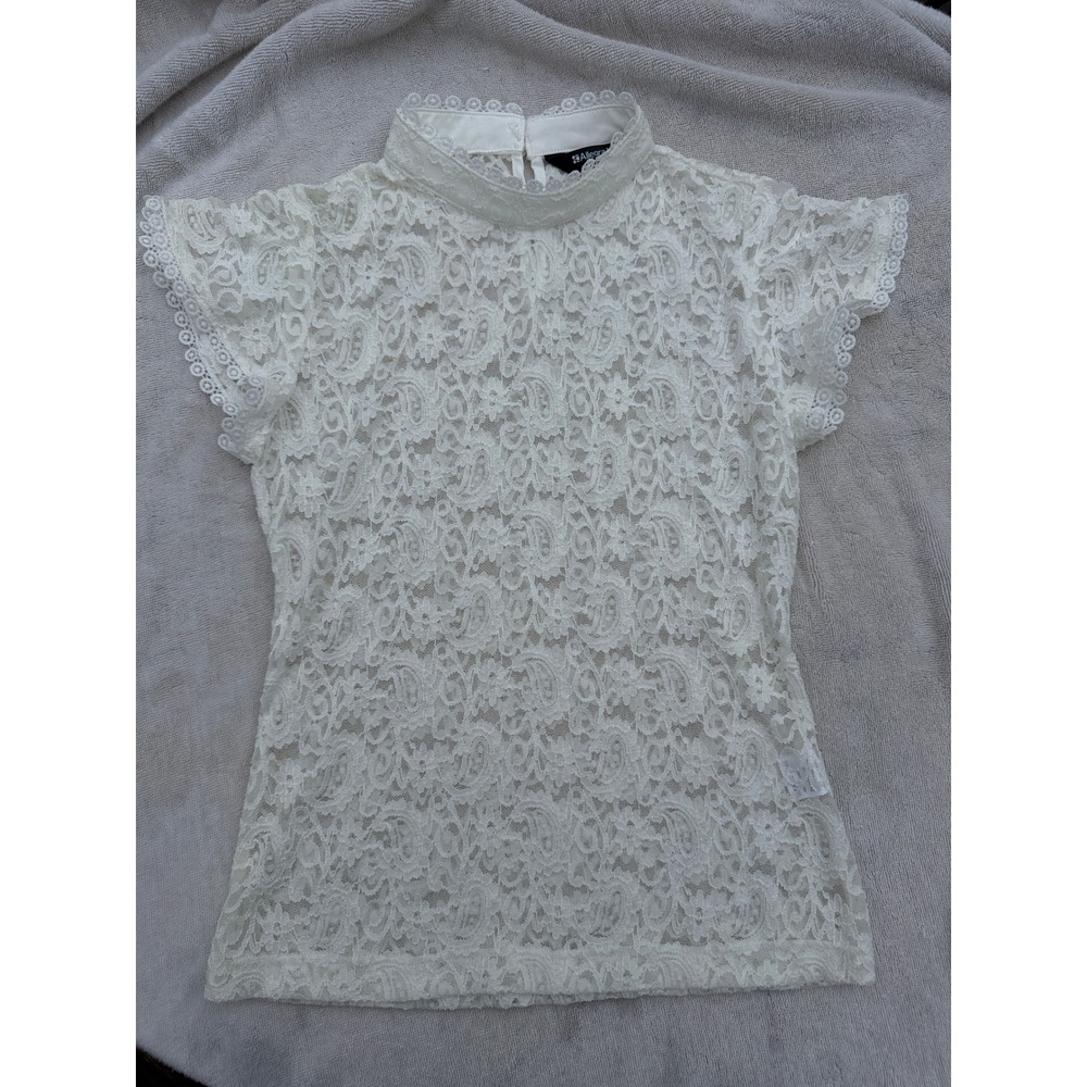 Allegraβ K Womens White Sheer Floral Lace Mock Neck Flutter Sleeve Top Small